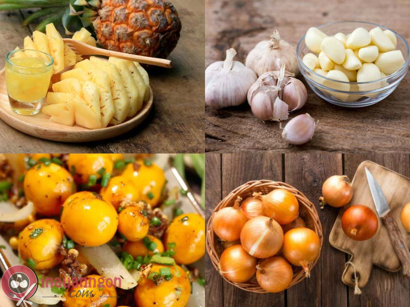 Nguyên liệu chuẩn bị món trứng gà non xào dứa.
