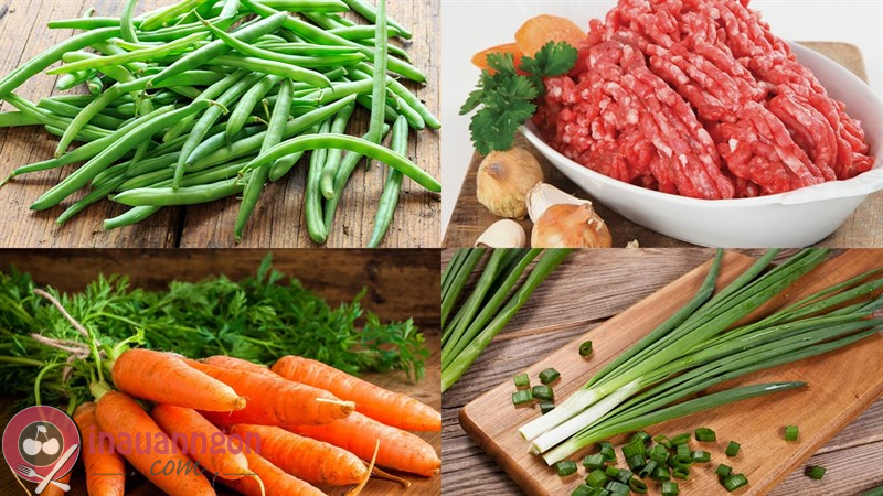 Nguyên liệu cần chuẩn bị cho món thịt heo xào đậu que cà rốt