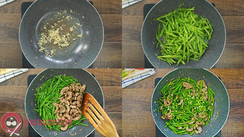 Xào đậu que với cật, lòng heo trên bếp