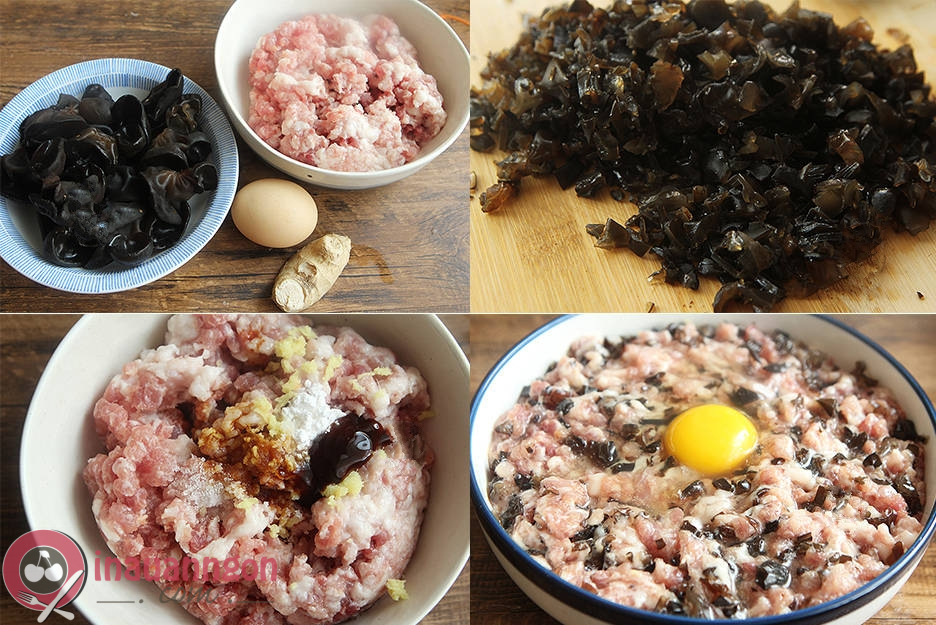 Trộn thịt băm vào tô với nấm mèo và miến